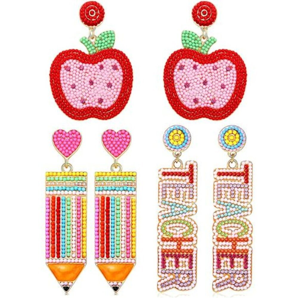 Colorful Pencil Earrings Set Women Teacher Appreciation Gift Beaded Dangle Drop
